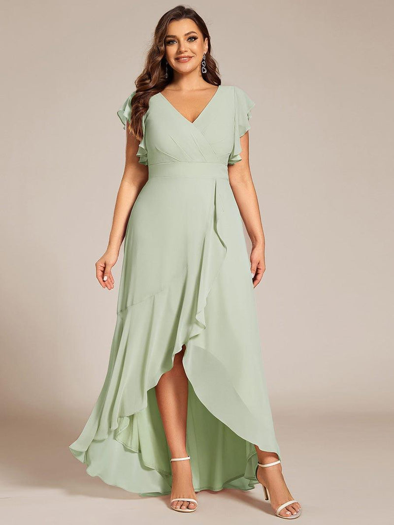 Celia | Plus Size A-Line Chiffon High-Low Bridesmaid Dress with Ruffled Sleeve