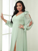 ever IVORY|Open Lantern Sleeve A-Line Bridesmaid Dress