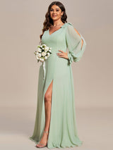 pretty IVORY|Plus Size Open Lantern Sleeve A-Line Bridesmaid Dress