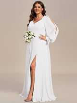 pretty IVORY|Plus Size Open Lantern Sleeve A-Line Bridesmaid Dress
