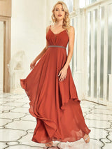 ever CLEMENT|Ruffle Hem and Pearl Waist Detail V-Neck Backless Chiffon Bridesmaid Dress