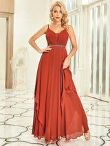 ever CLEMENT|Ruffle Hem and Pearl Waist Detail V-Neck Backless Chiffon Bridesmaid Dress