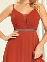 ever CLEMENT|Ruffle Hem and Pearl Waist Detail V-Neck Backless Chiffon Bridesmaid Dress