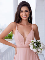 ever CLEMENT|Ruffle Hem and Pearl Waist Detail V-Neck Backless Chiffon Bridesmaid Dress