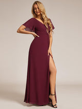 ever LINDEN|High Slit V-Neck Chiffon High Waist Bridesmaid Dress with Ruffle Sleeve