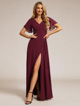 ever LINDEN|High Slit V-Neck Chiffon High Waist Bridesmaid Dress with Ruffle Sleeve