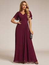 ever LINDEN|High Slit V-Neck Chiffon High Waist Bridesmaid Dress with Ruffle Sleeve