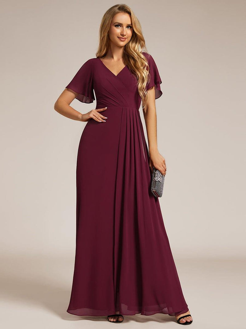 ever LINDEN|High Slit V-Neck Chiffon High Waist Bridesmaid Dress with Ruffle Sleeve