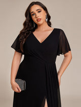 ever LINDEN|High Slit V-Neck Chiffon High Waist Bridesmaid Dress with Ruffle Sleeve