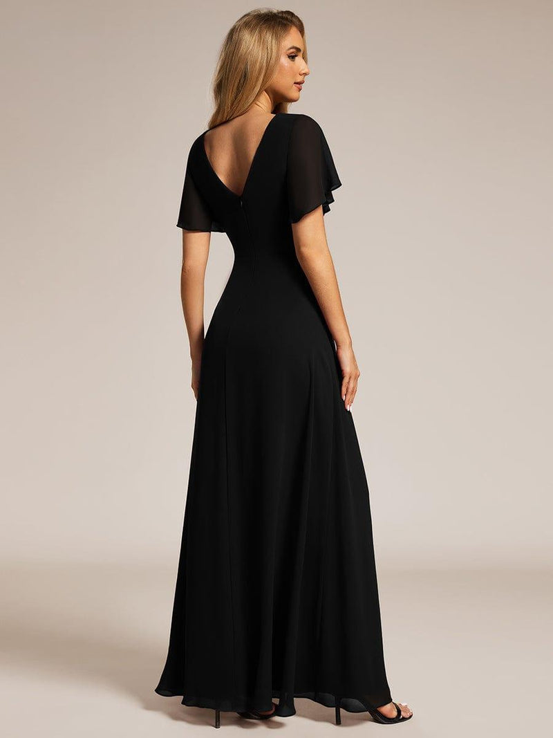 ever LINDEN|High Slit V-Neck Chiffon High Waist Bridesmaid Dress with Ruffle Sleeve