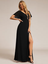 ever LINDEN|High Slit V-Neck Chiffon High Waist Bridesmaid Dress with Ruffle Sleeve