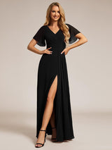 ever LINDEN|High Slit V-Neck Chiffon High Waist Bridesmaid Dress with Ruffle Sleeve