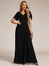 ever LINDEN|High Slit V-Neck Chiffon High Waist Bridesmaid Dress with Ruffle Sleeve