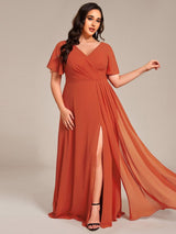 ever LINDEN|High Slit V-Neck Chiffon High Waist Bridesmaid Dress with Ruffle Sleeve