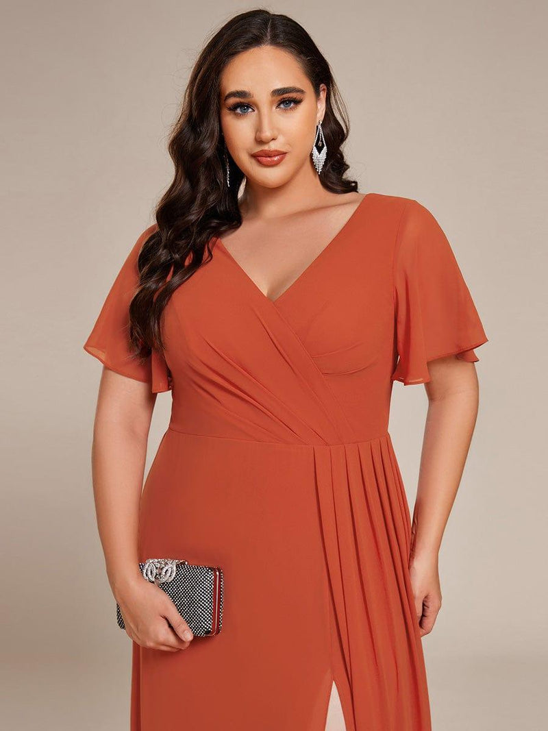ever LINDEN|High Slit V-Neck Chiffon High Waist Bridesmaid Dress with Ruffle Sleeve