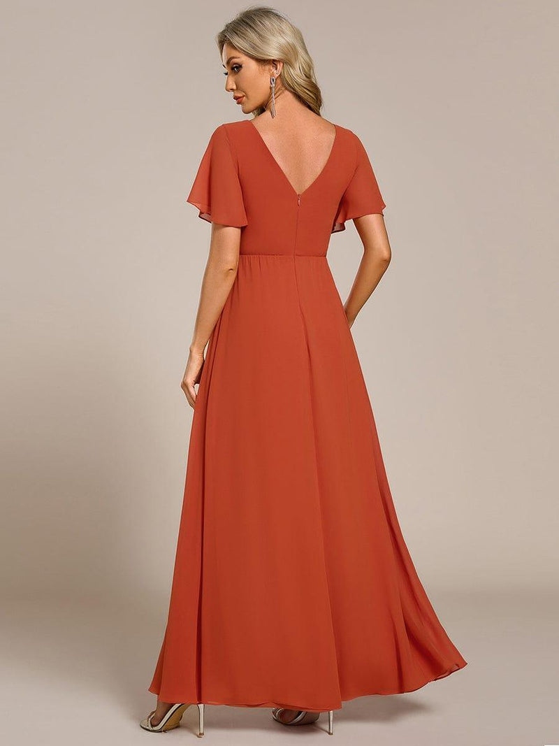 ever LINDEN|High Slit V-Neck Chiffon High Waist Bridesmaid Dress with Ruffle Sleeve