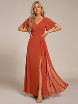 ever LINDEN|High Slit V-Neck Chiffon High Waist Bridesmaid Dress with Ruffle Sleeve
