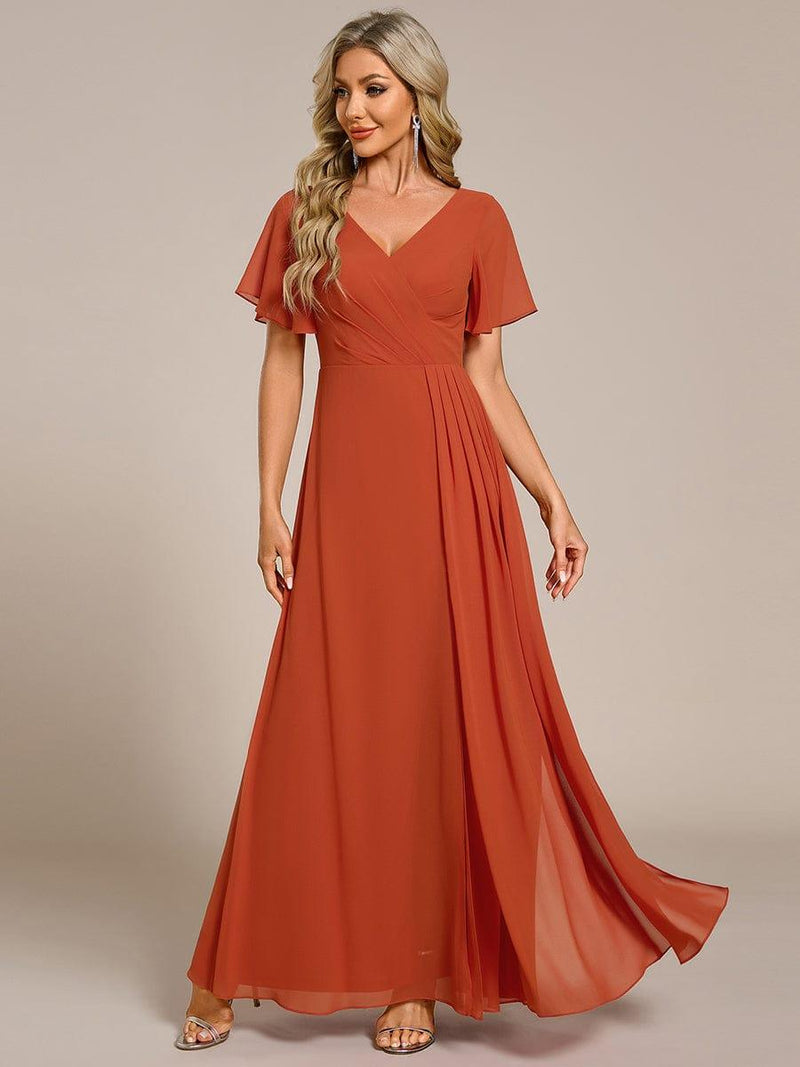 ever LINDEN|High Slit V-Neck Chiffon High Waist Bridesmaid Dress with Ruffle Sleeve