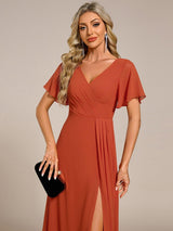 ever LINDEN|High Slit V-Neck Chiffon High Waist Bridesmaid Dress with Ruffle Sleeve