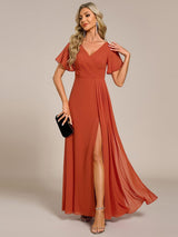 ever LINDEN|High Slit V-Neck Chiffon High Waist Bridesmaid Dress with Ruffle Sleeve
