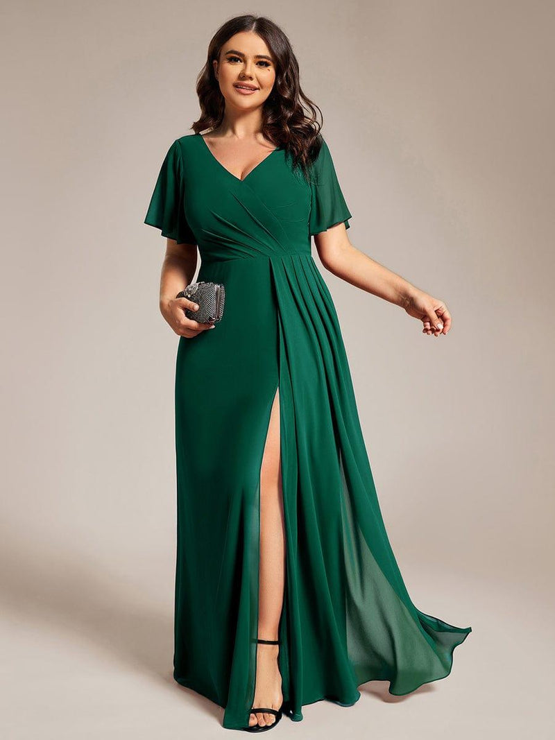 ever LINDEN|High Slit V-Neck Chiffon High Waist Bridesmaid Dress with Ruffle Sleeve
