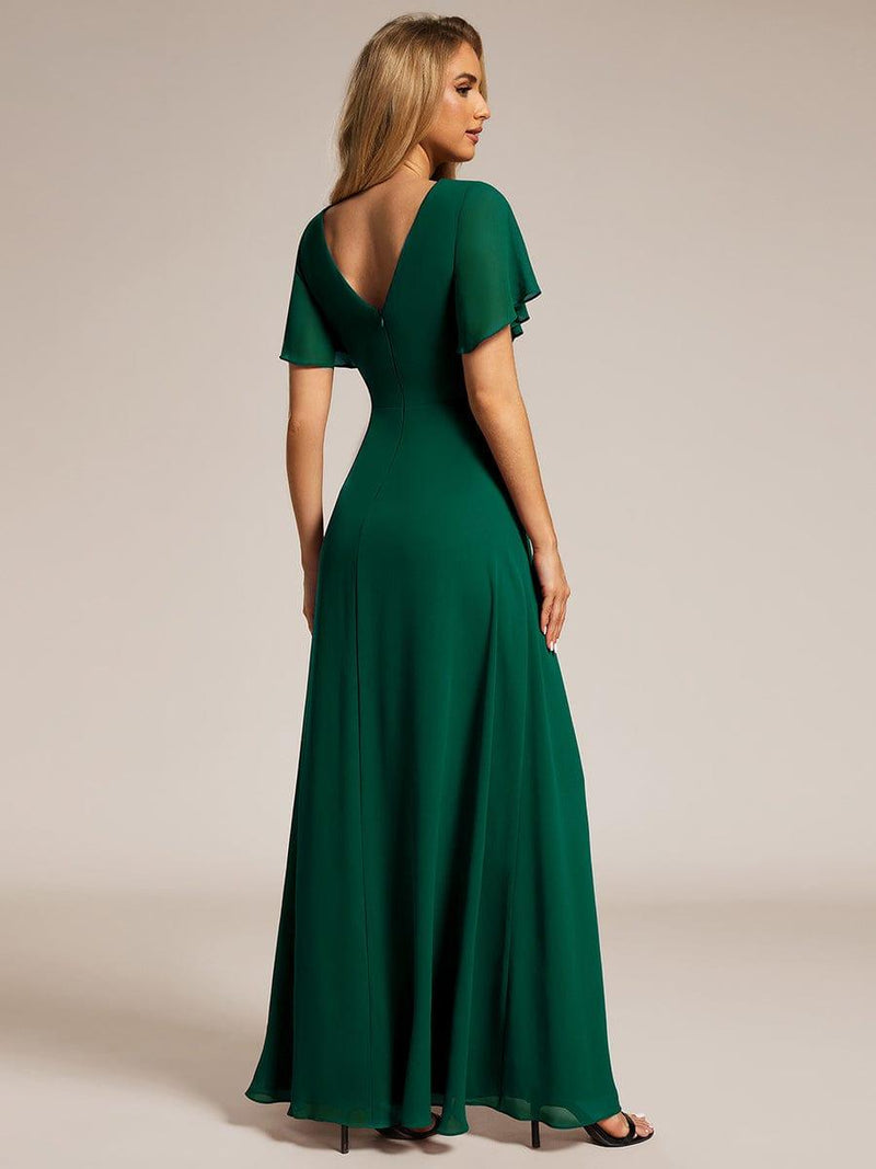 ever LINDEN|High Slit V-Neck Chiffon High Waist Bridesmaid Dress with Ruffle Sleeve