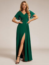 ever LINDEN|High Slit V-Neck Chiffon High Waist Bridesmaid Dress with Ruffle Sleeve