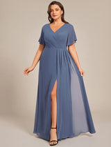 ever LINDEN|High Slit V-Neck Chiffon High Waist Bridesmaid Dress with Ruffle Sleeve