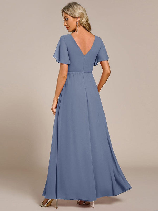 ever LINDEN|High Slit V-Neck Chiffon High Waist Bridesmaid Dress with Ruffle Sleeve