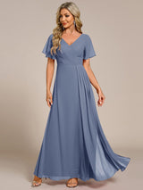 ever LINDEN|High Slit V-Neck Chiffon High Waist Bridesmaid Dress with Ruffle Sleeve