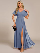 ever LINDEN|High Slit V-Neck Chiffon High Waist Bridesmaid Dress with Ruffle Sleeve