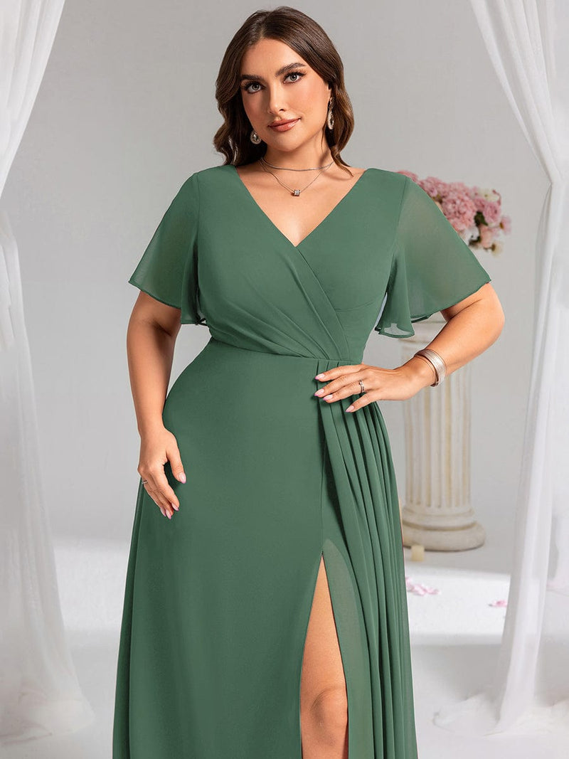 ever LINDEN|High Slit V-Neck Chiffon High Waist Bridesmaid Dress with Ruffle Sleeve