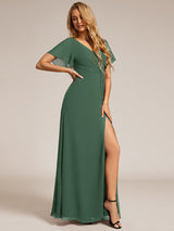 ever LINDEN|High Slit V-Neck Chiffon High Waist Bridesmaid Dress with Ruffle Sleeve