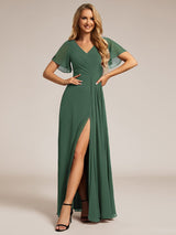 ever LINDEN|High Slit V-Neck Chiffon High Waist Bridesmaid Dress with Ruffle Sleeve