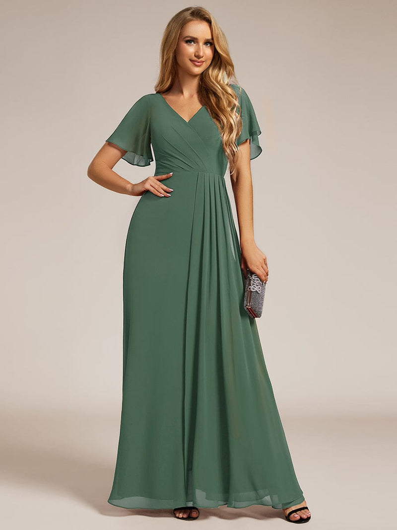 ever LINDEN|High Slit V-Neck Chiffon High Waist Bridesmaid Dress with Ruffle Sleeve