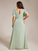 ever LINDEN|High Slit V-Neck Chiffon High Waist Bridesmaid Dress with Ruffle Sleeve