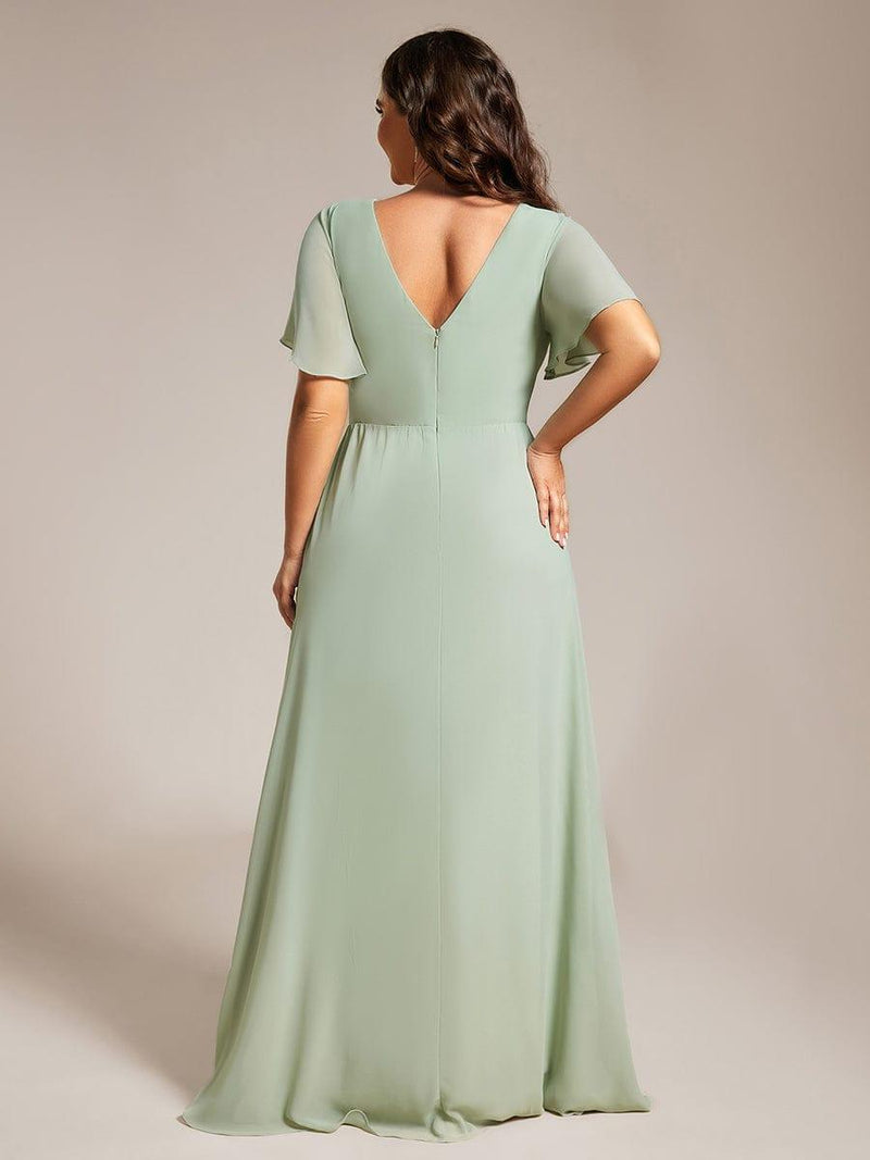 ever LINDEN|High Slit V-Neck Chiffon High Waist Bridesmaid Dress with Ruffle Sleeve