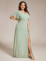 pretty LINDEN|Plus Size High Slit V-Neck Empire Waist Chiffon Bridesmaid Dress
