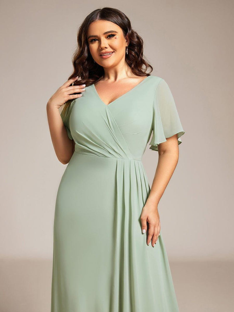 ever LINDEN|High Slit V-Neck Chiffon High Waist Bridesmaid Dress with Ruffle Sleeve