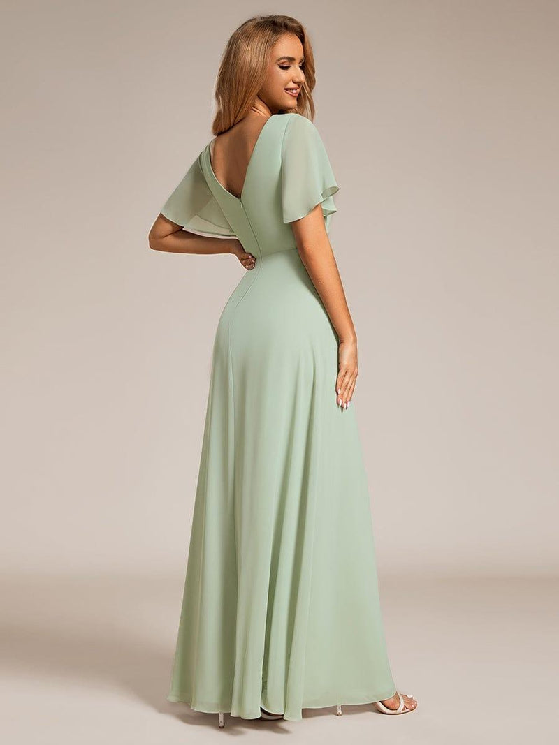 ever LINDEN|High Slit V-Neck Chiffon High Waist Bridesmaid Dress with Ruffle Sleeve
