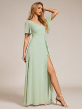 ever LINDEN|High Slit V-Neck Chiffon High Waist Bridesmaid Dress with Ruffle Sleeve