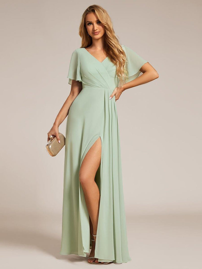 ever LINDEN|High Slit V-Neck Chiffon High Waist Bridesmaid Dress with Ruffle Sleeve