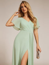 ever LINDEN|High Slit V-Neck Chiffon High Waist Bridesmaid Dress with Ruffle Sleeve