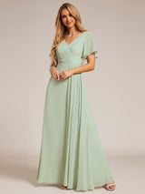 ever LINDEN|High Slit V-Neck Chiffon High Waist Bridesmaid Dress with Ruffle Sleeve