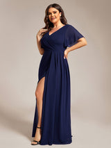 ever LINDEN|High Slit V-Neck Chiffon High Waist Bridesmaid Dress with Ruffle Sleeve