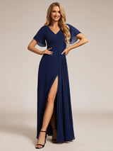 ever LINDEN|High Slit V-Neck Chiffon High Waist Bridesmaid Dress with Ruffle Sleeve