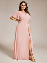 pretty LINDEN|Plus Size High Slit V-Neck Empire Waist Chiffon Bridesmaid Dress