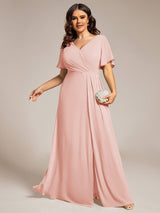 ever LINDEN|High Slit V-Neck Chiffon High Waist Bridesmaid Dress with Ruffle Sleeve