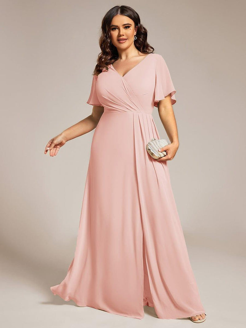 ever LINDEN|High Slit V-Neck Chiffon High Waist Bridesmaid Dress with Ruffle Sleeve