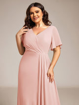 ever LINDEN|High Slit V-Neck Chiffon High Waist Bridesmaid Dress with Ruffle Sleeve